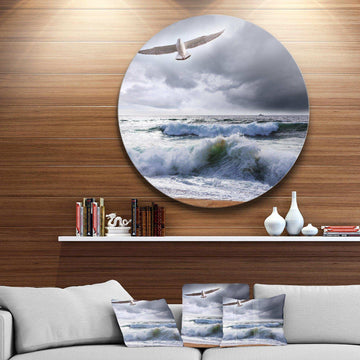 Large Seagull over Stormy Waves - Sea & Shore Circle Metal Wall Decor
